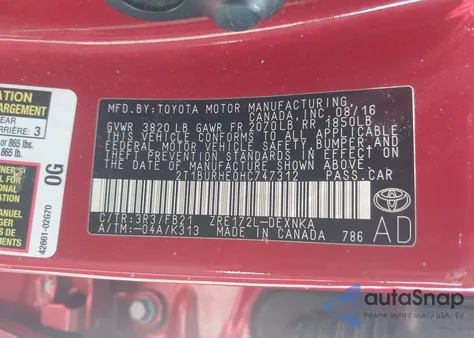 2017 Toyota Corolla Le from USA, damaged, VIN 2T1BURHE0HC747312